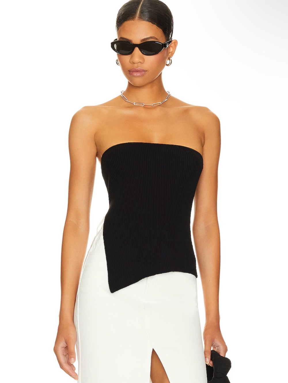 Strapless Ribbed Asymmetric Black Tube Top